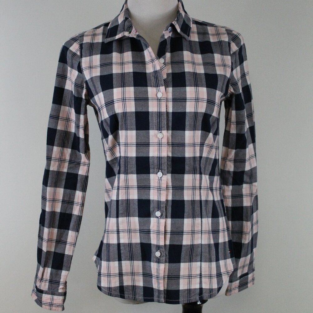 Tommy Hilfiger Plaid Button Down Shirt Small Navy Pink Fitted 100% Cotton Long S